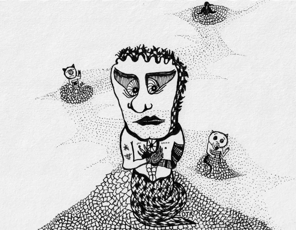 A deeply troubled being in conflict with three smaller beings - a pig, a bear and a blackbird.