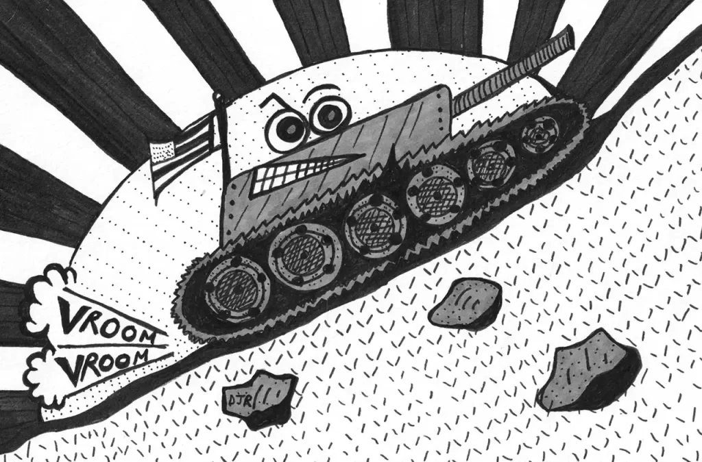 Comic art by Daniel Joshua Rubin featuring a noble American tank racing off to thrash our enemies.