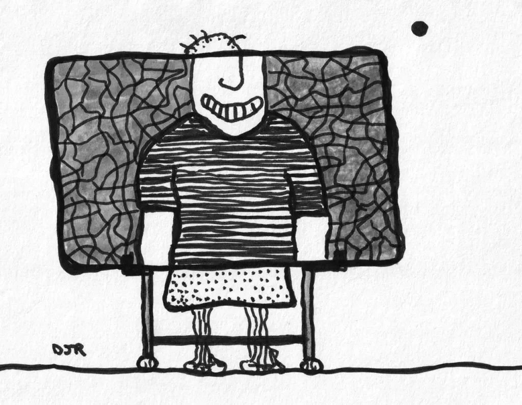 Comic art by Daniel Joshua Rubin featuring a terminally ill old man attempting to hold up the face of a strong, happy, youthful man.