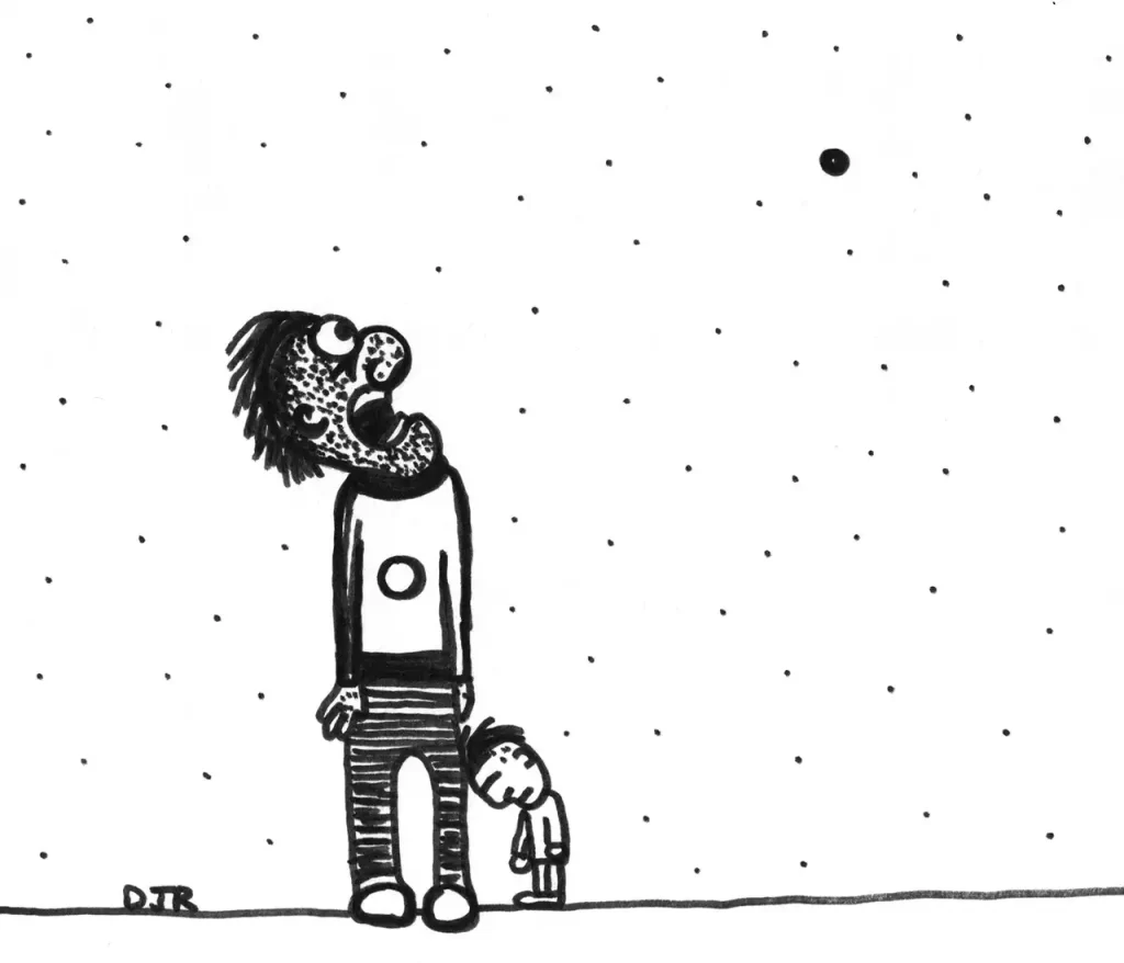 Comic art by Daniel Joshua Rubin featuring a father staring into the heavens, utterly terrified as his tiny son leans on his leg, saddened