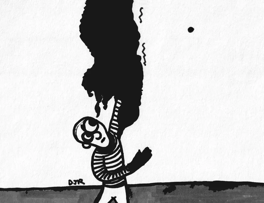 Comic art by Daniel Joshua Rubin featuring a man reaching up into hanging blob of black goo.