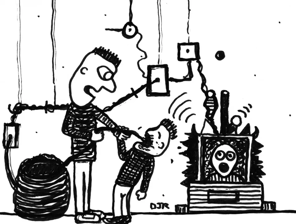 Comic art by Daniel Joshua Rubin of a father feeding his son a firehouse of oozing black liquid media
