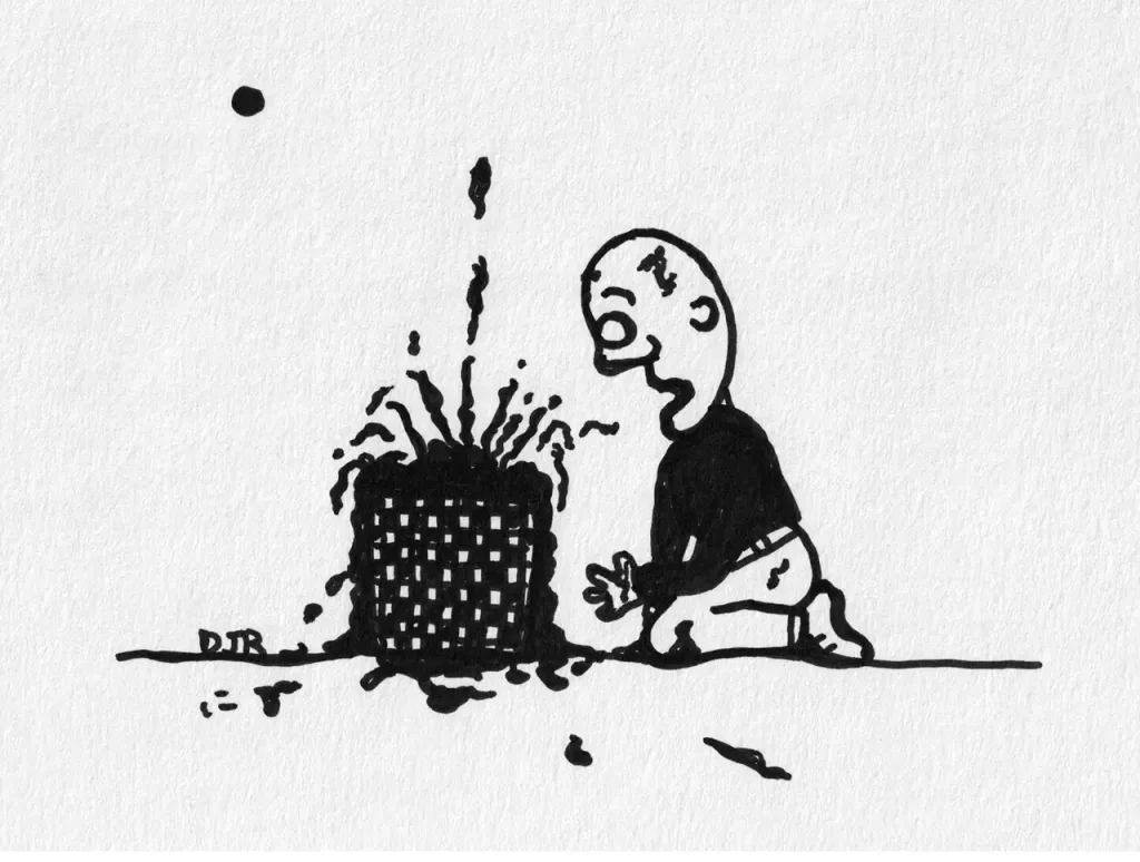 Comic art by Daniel Joshua Rubin featuring a man on his knees staring and a gift-wrapped box which has just exploded some sort of sticky black liquid.