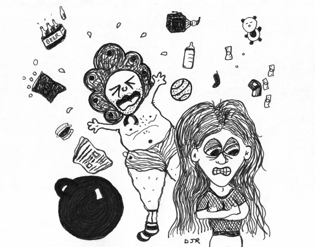 Comic art by Daniel Joshua Rubin featuring a "husbaby" - a repulsive half man half baby - terribly upsetting his wife.