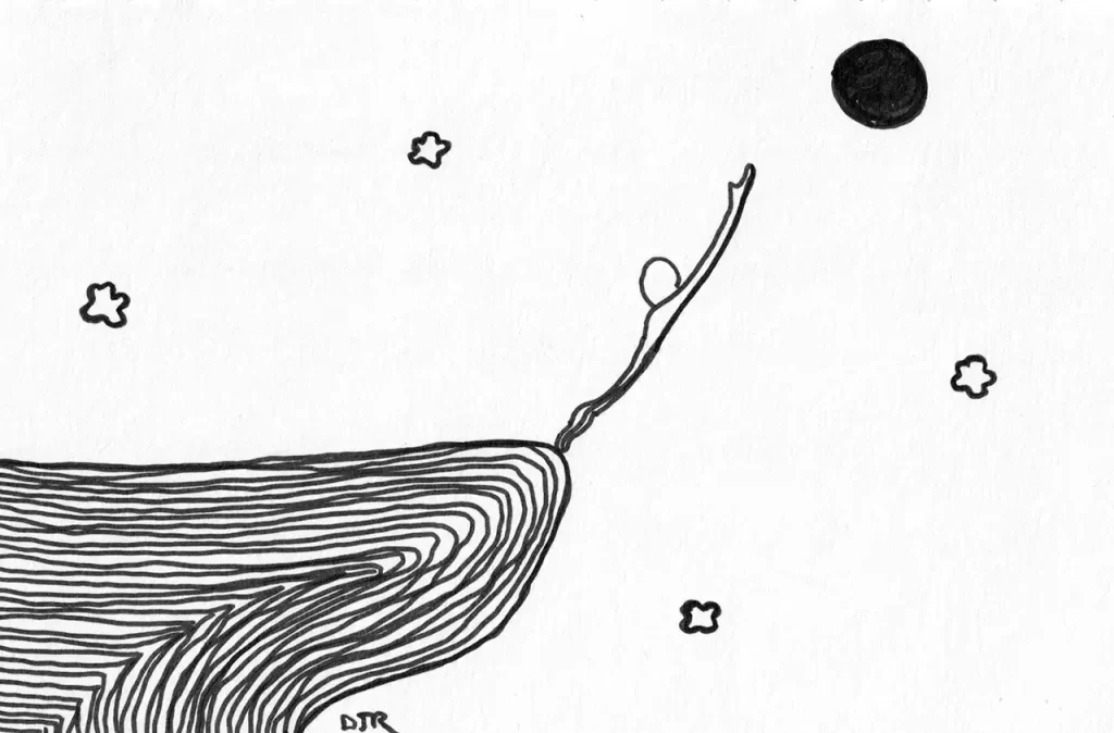 Comic art by Daniel Joshua Rubin of a balletic character reaching for the heavens sure to fall off a high cliff.