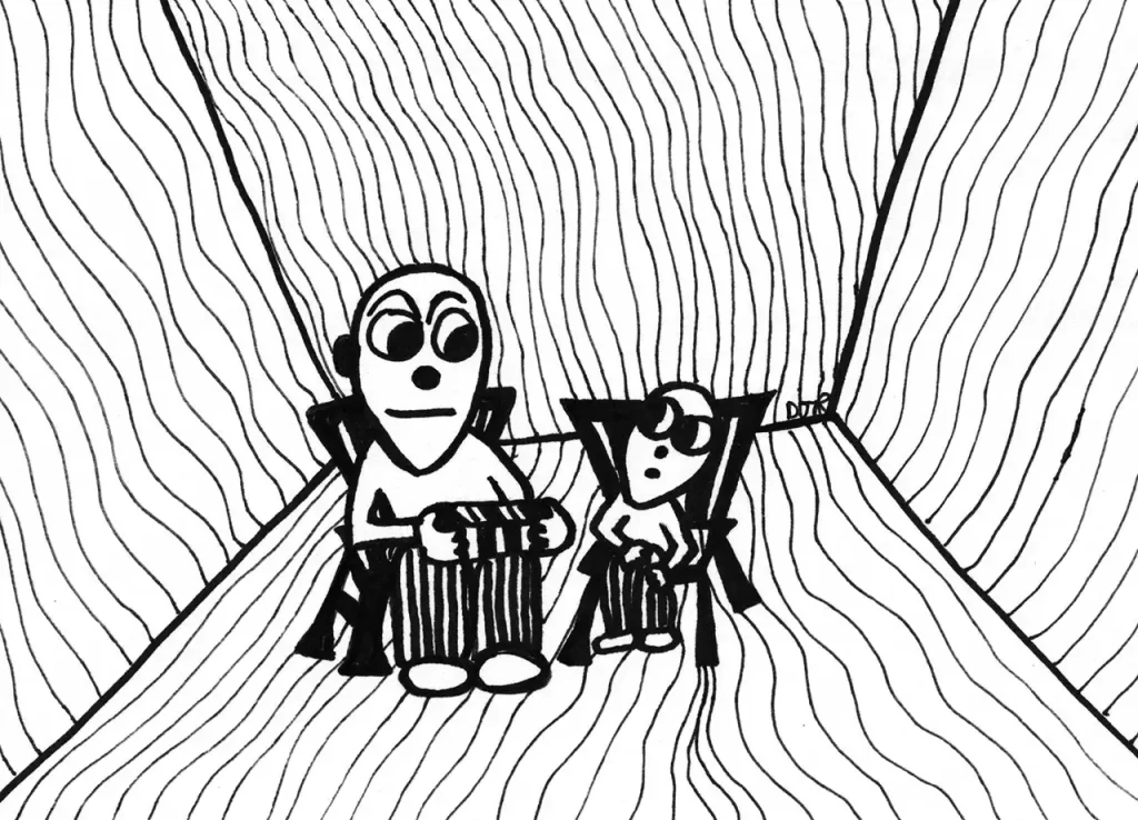 Comic art by Daniel Joshua Rubin featuring a father and son, a surreal room constructed of waving lines, about to reveal something in a box to his son.