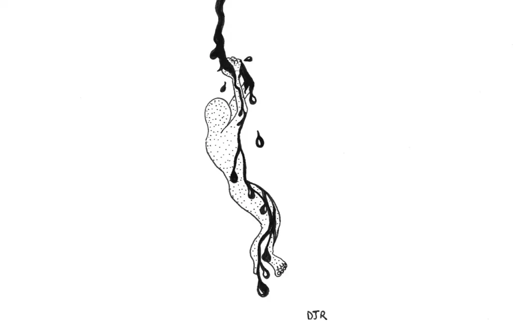 Comic art by Daniel Joshua Rubin featuring a man clinging to a rope but the rope is made of black liquid.