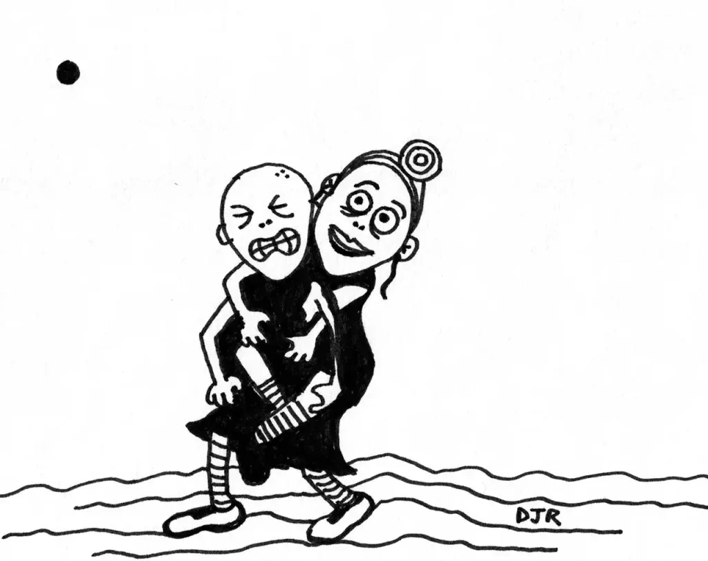 Comic art by Daniel Joshua Rubin featuring a man struggling to carry an older woman, most likely his mother.