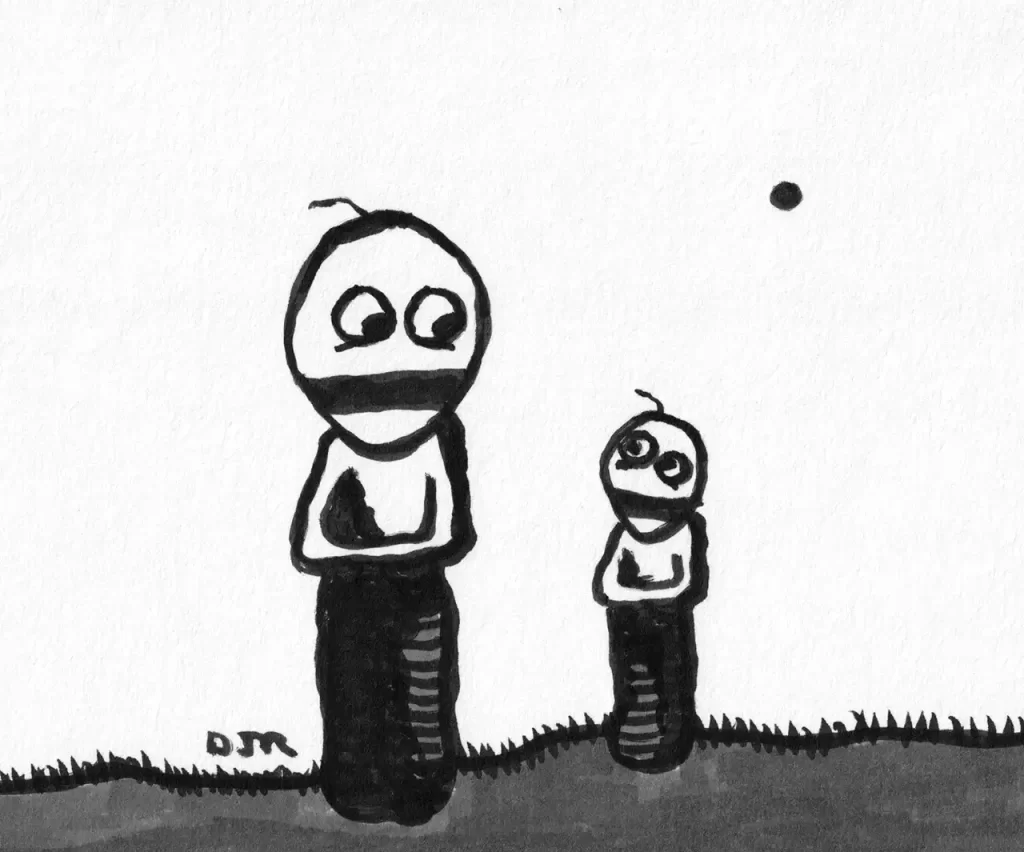 Comic art by Daniel Joshua Rubin featuring a parent and child, both in the same posture, both gagged
