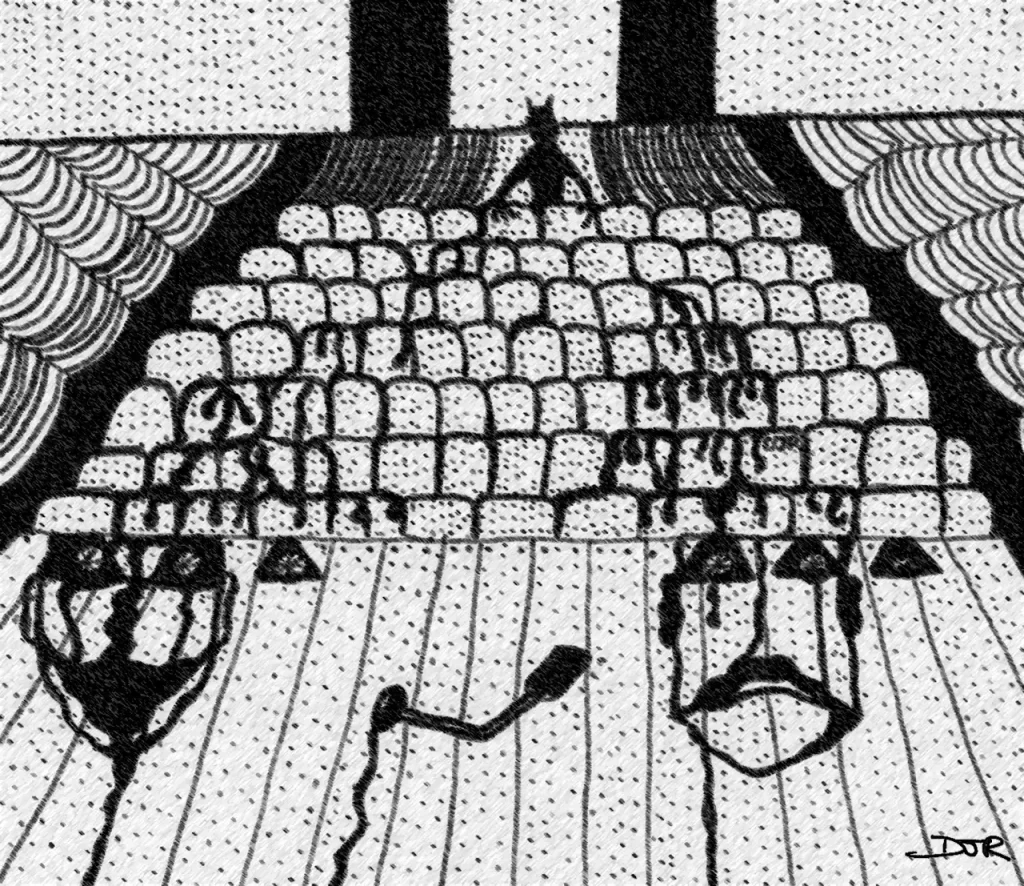 Comic art by Daniel Joshua Rubin featuring a haunted old theater with a demon watching from the back rows.