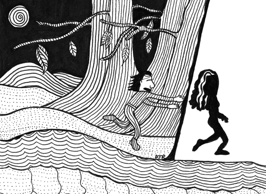 Comic art by Daniel Joshua Rubin of a man racing through the night to catch up the silhouette of a woman he loves - and losing her to another dimension.