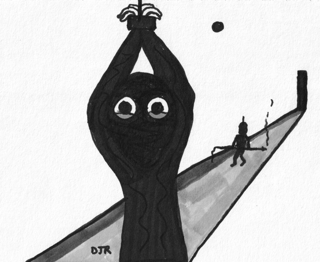 Comic art by Daniel Joshua Rubin featuring a person tied up, wearing a gimp outfit with a nefarious character heading toward them with armor and some sort of smoking spear