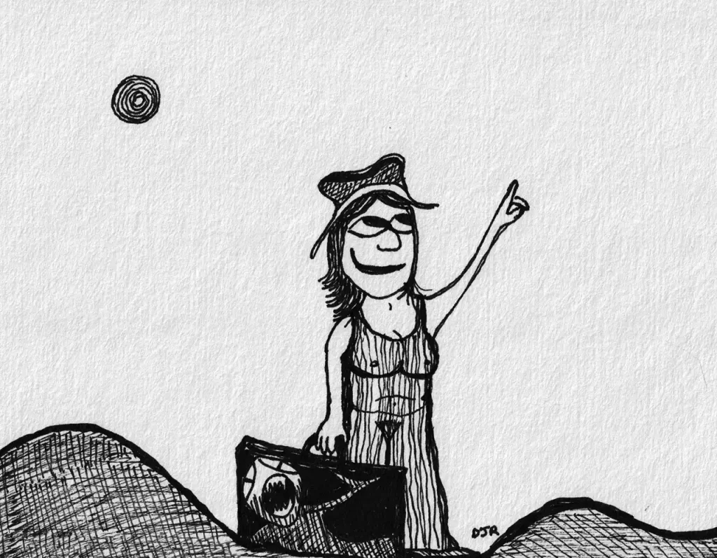 Comic art by Daniel Joshua Rubin featuring an all natural woman in a sheer dress, her chubby nakedness shining through and blessed by a full bush as she travels the hillsides with some sort of tormented being hidden in her suitcase.
