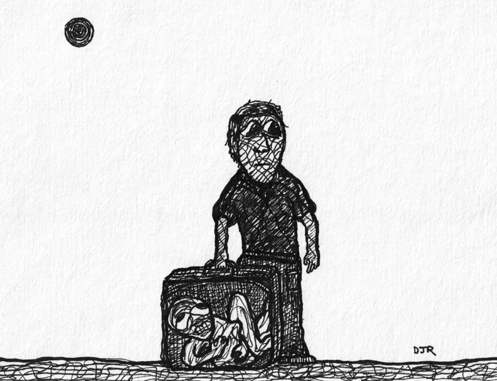 Comic art by Daniel Joshua Rubin featuring a worried man alone on the high plains with a suffering alien creature hidden in his suitcase.