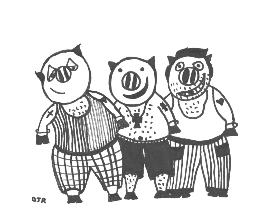 Comic art by Daniel Joshua Rubin featuring three little pigs that look like characters who could be in a nursery rhyme or on The Sopranos.