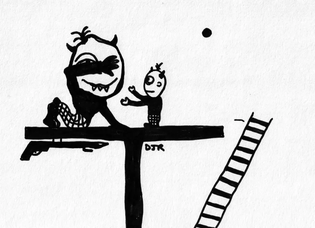 Comic art by Daniel Joshua Rubin featuring two identical beings on a small ledge up high with the only way out - a ladder - falling and the larger one having some sort of mental disturbance.