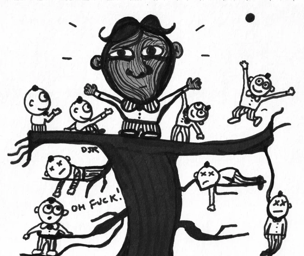 Comic art by Daniel Joshua Rubin featuring a small tribe of identically clad men high up in a tree with their cult-like leader gone mad.