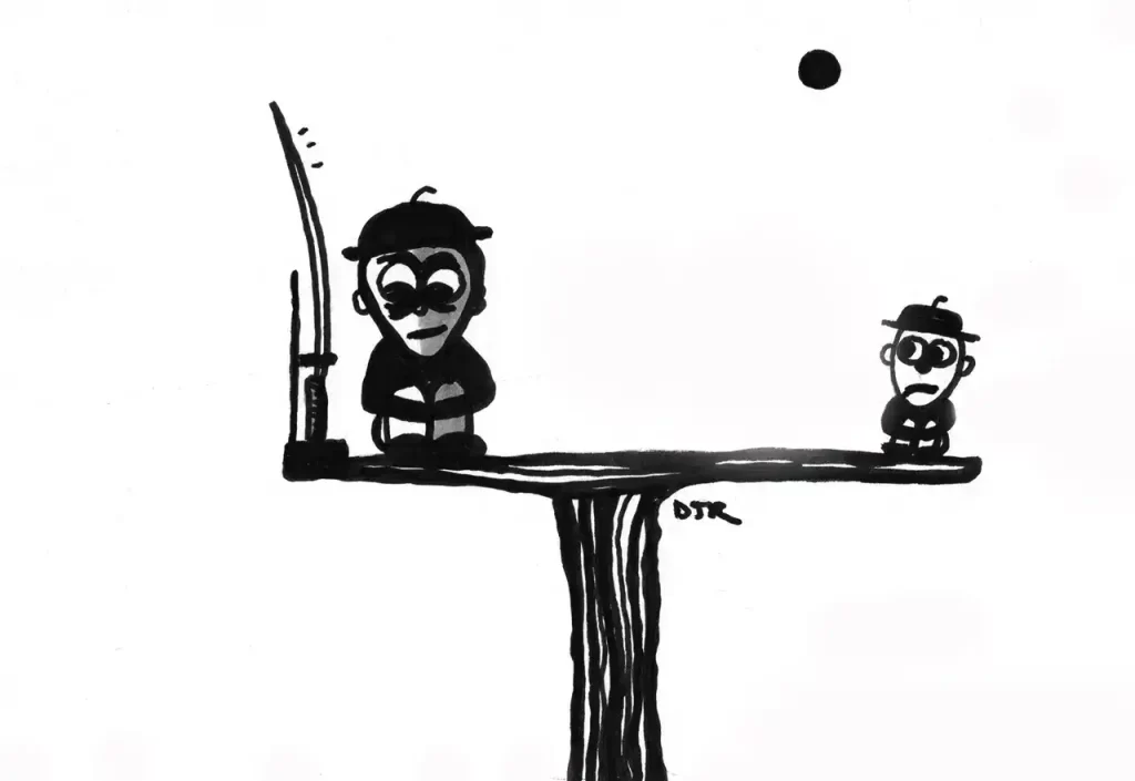Comic art by Daniel Joshua Rubin featuring two identically clad brothers seated on a ledge up high, one disturbed and listening to a talking sward - the other growing more concerned.