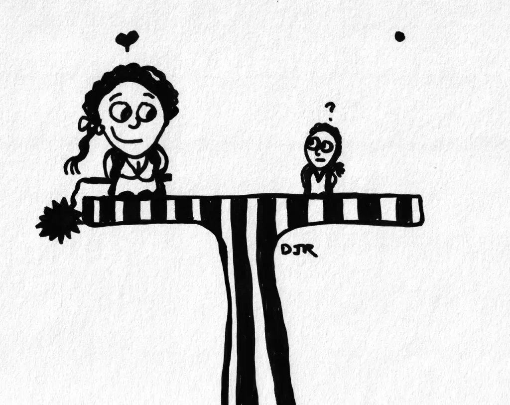 Comic art by Daniel Joshua Rubin featuring two figures up high on a ledge, a daughter and a mother, at the moment the daughter realizes mother's love might contain a caveat in the shape of a large mace.