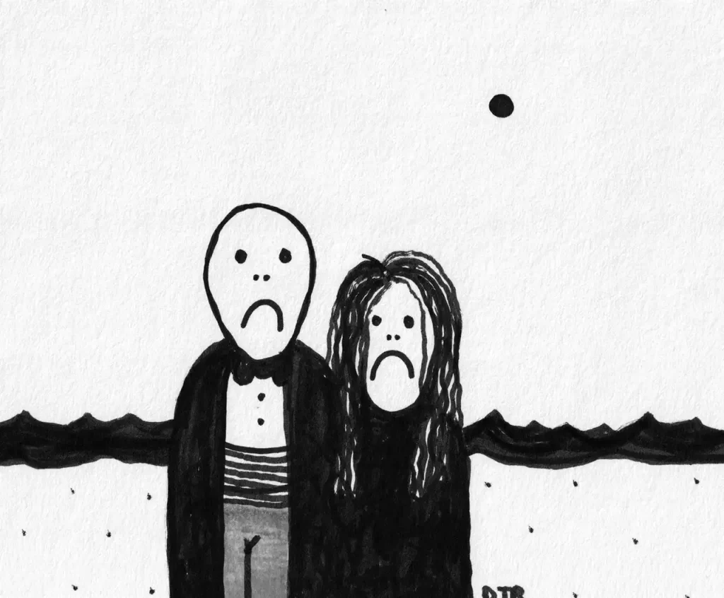 Comic art by Daniel Joshua Rubin featuring a Bergmanesque couple, together by the seashore looking utterly and completely disappointed with life.