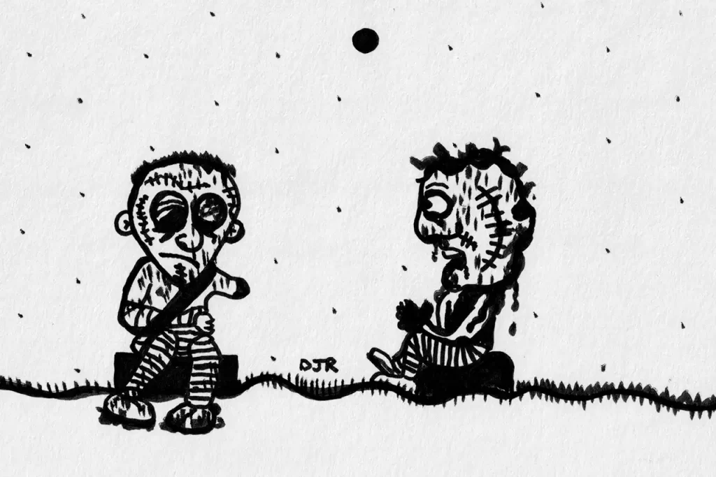 Comic art by Daniel Joshua Rubin of two terribly wounded men agreeing to simply validate each other's existence.