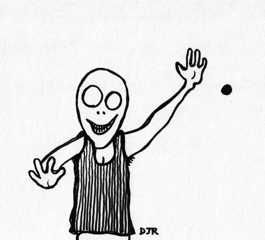 Comic art by Daniel Joshua Rubin featuring a malicious pervert holding up his hands to prevent the viewer from passing.