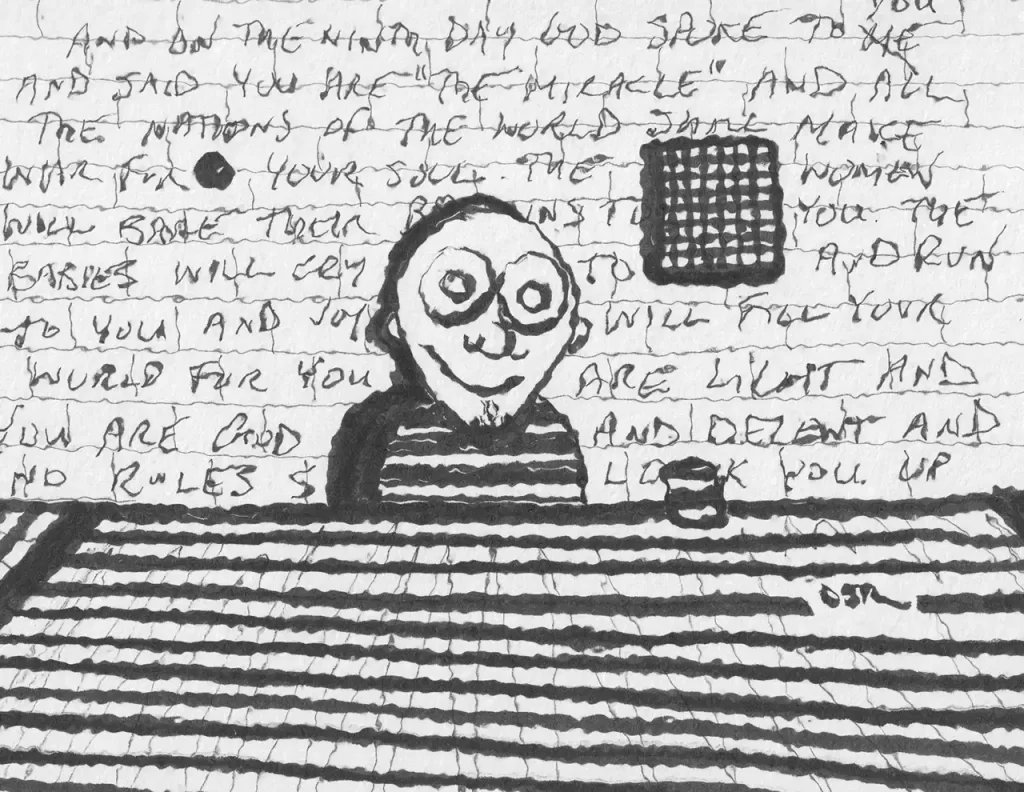 Comic art by Daniel Joshua Rubin featuring a man, likely incarcerated with this thoughts acrawled on the wall behind him.