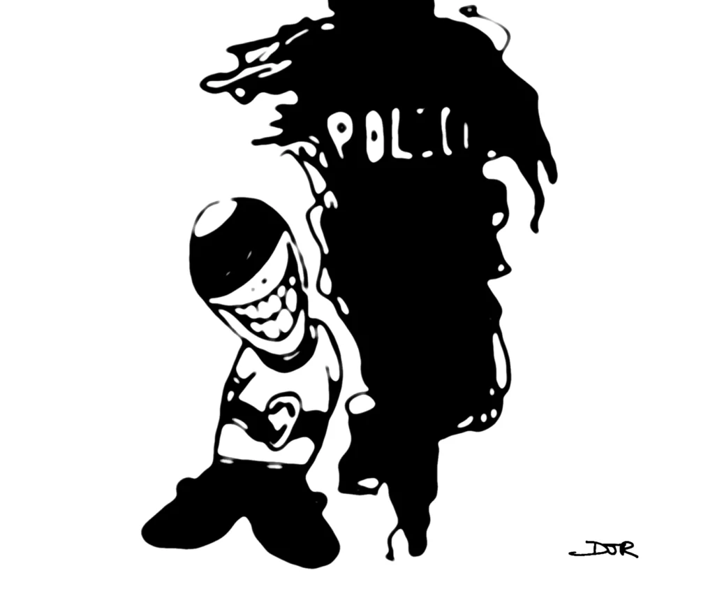 Comic art by Daniel Joshua Rubin of a grinning kid in a helmet crouched beside the looming black silhouette of a riot police officer.